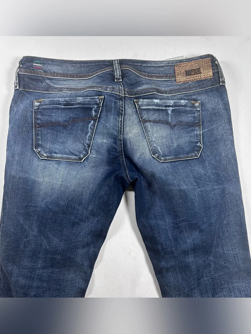 Diesel Jeans Mens Fits: 32x28 Blue Lowkey Regular Sim Straight Marbling Distress